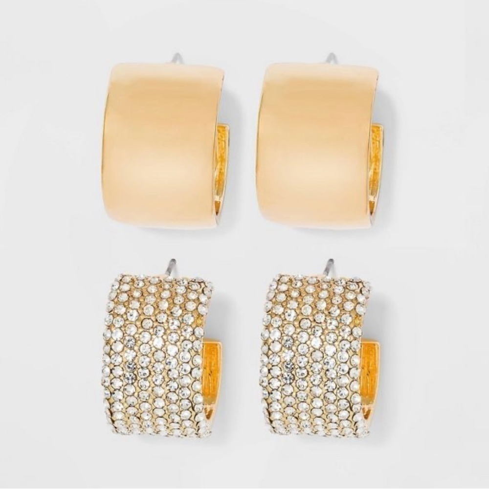 Sugarfix by Baublebar Crystal Hoop Earring Set Gold Tone‎ Wide 2 Pairs